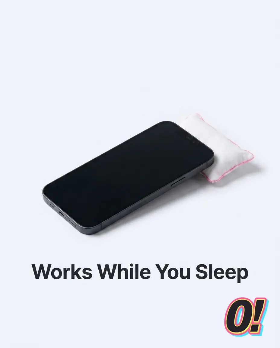 Phone resting on a pillow with the headline Works While You Sleep