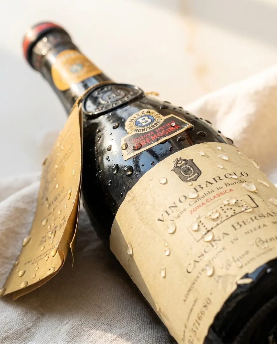 Close-up of a Cascina Bersano Barolo 1959 bottle with water droplets
