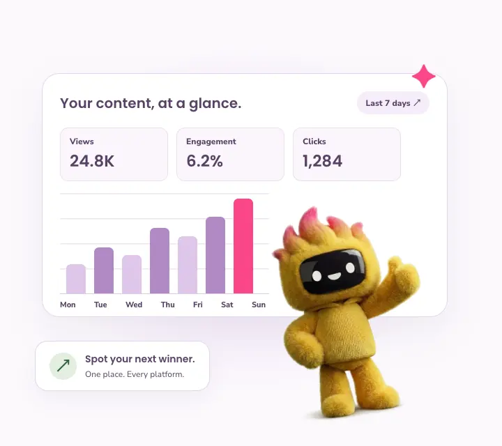 A dashboard chart grows, with Flame standing beside it.