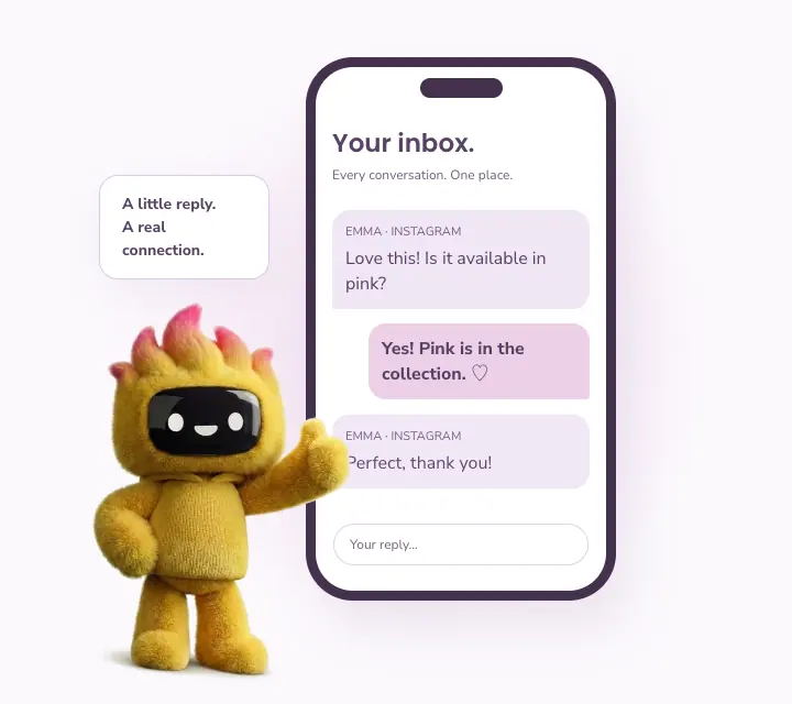 A reply arrives in a phone inbox, with Flame standing beside it.