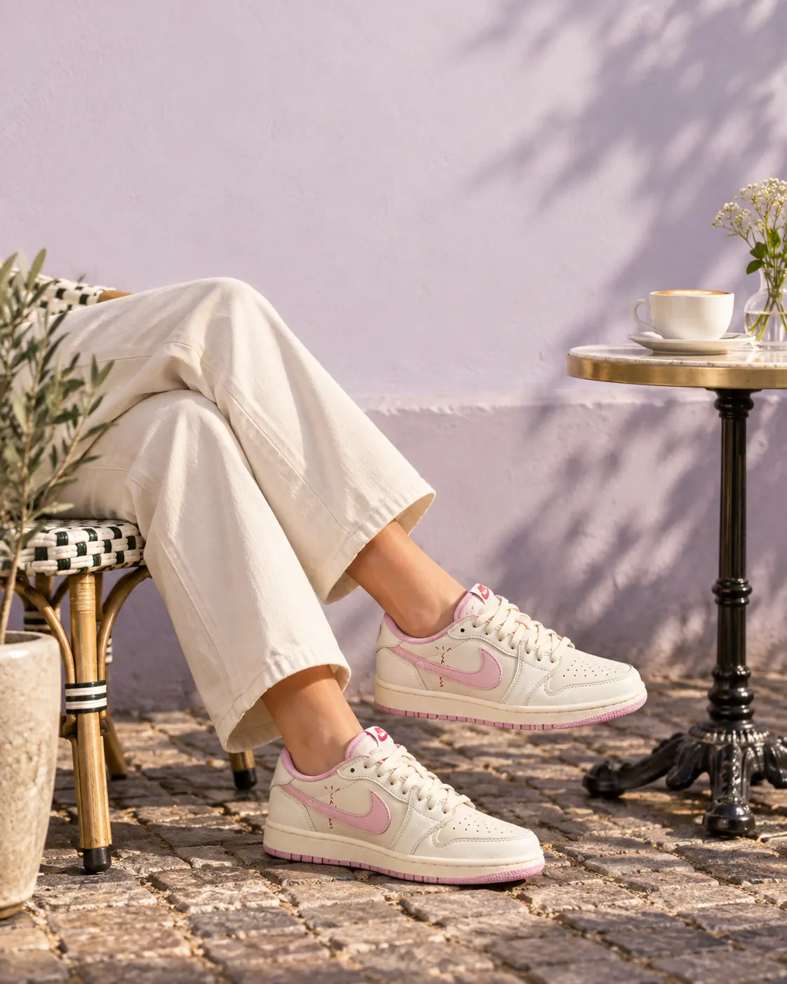 Pink sneakers styled in an everyday café scene
